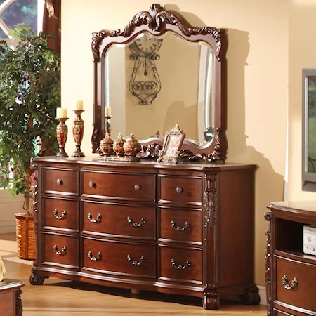 Traditional 9 Drawer Dresser and Mirror with Acanthus Leaf Detailing